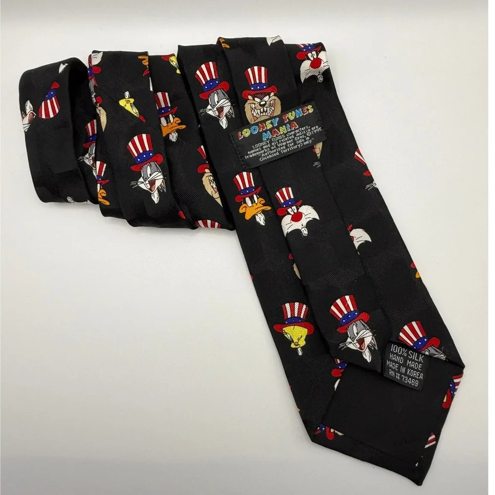 Looney Tunes Necktie OS 1995 Silk Patriotic Uncle Sam Bugs Bunny 90s Vintage